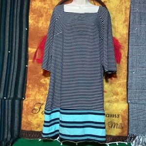 MERONA-women’s black & teal striped 3/4 sleeve mid length shirt dress